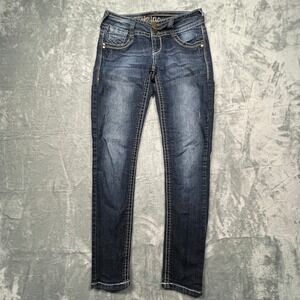 WallFlower Skinny Jeans Juniors Dark Wash Distressed Low Rise Rhinestones 2